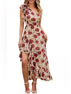 NWT Grace Karin Floral One-Shoulder Ruffle Maxi Dress in Cream with Red Roses 18